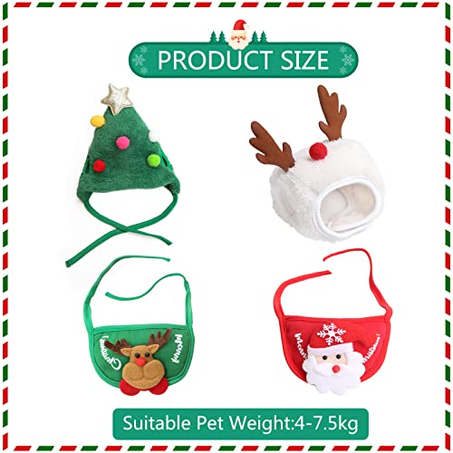 Haustier-Weihnachtskostüm, 4 Stück, Hunde- und Katzen-Weihnachtsoutfit, lustige Geweihe, Weihnachtsmützen, verstellbarer Umhang, Weihnachtsmann-Speicheltücher für Hündchen, Katzen, Anziehsachen