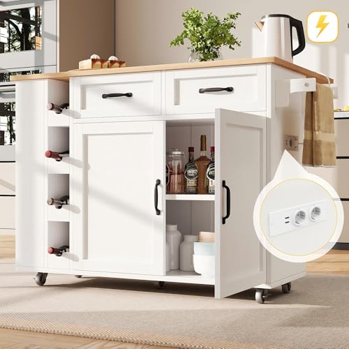 LAKFEW Isla Cocina con Ruedas y Enchufes, Aparador Cocina con Tablero Plegable y Botellero, Mueble Auxiliar de Cocina Isla de Cocina con 2 Cajones y Toallero, 131.5x43(76) x90.7 cm, Blanco+Natural - imagen 3