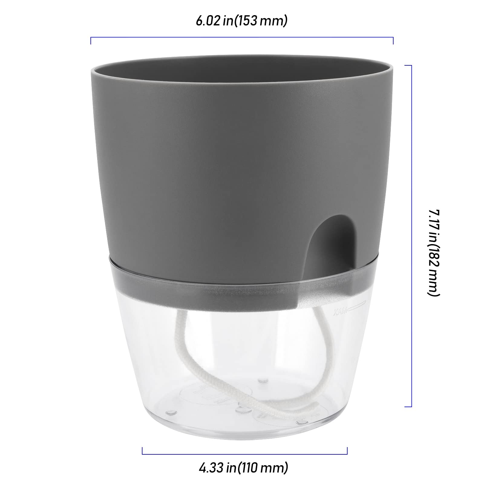 Set di 6 Vasi Auto-Irriganti in Resina, 15,3 x 18,2 cm, con Serbatoio Idrico, per Piante da Interno ed Esterno, Erbe Aromatiche, Davanzale, Cucina, Grigio