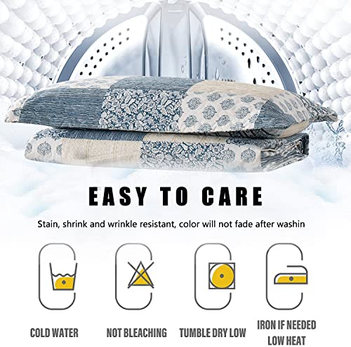 Plaid Quilt Set Queen/Full Size, 3-Piece Blue Yellow Floral Patchwork Bedspread Coverlet Set Reversible Country Plaid Grey Leaves Quilt Lightweight Bedding Set With 2 Pillow Shams #TOP4