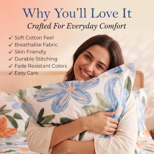 Image of BSB HOME 240 TC Cotton Double Bedsheet with 2 Pillow Covers,Soft & Breathable Floral Print Bed Sheet,Fade Resistant,Easy Care Bedding Set,90 x 100 Inches(228 x 254 cm)-Terracotta & Periwinkle Floral