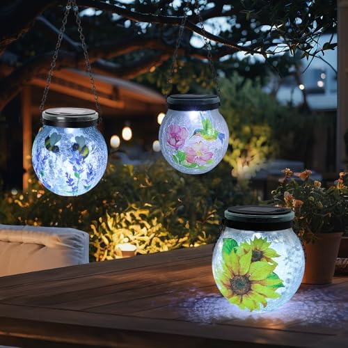Solar Hanging Lanterns Outdoor Waterproof, 3 Pack Crackle Glass G...