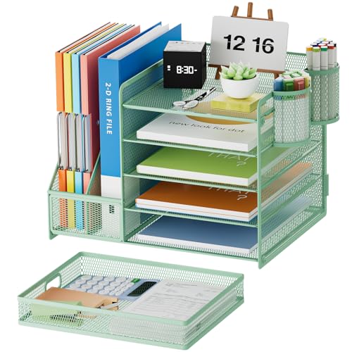 Image of Marbrasse Desk Organizer with File Holder, 5-Tier Paper Letter Tray Organizer with Drawer and 2 Pen Holder, Mesh Desktop Organizer and Storage with Magazine Holder for Office Supplies (Green)