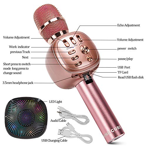 NINE CUBE Karaoke Microphone,3-in-1 Portable Wireless Bluetooth Karaoke Mic, Karaoke Player,Colorful LED Light, Gift for Friends and Kids, Compatible with All Smart Digital Products (Rose Gold) - Thumbnail 2