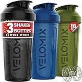 VELOMIX -3 PACK- 18 oz Protein Shaker Bottle for Protein Mixes - 1x Wire Whisk | Leak Proof Shaker Cups for Protein Shakes | Stackable Protein Shaker Bottle Pack | Dishwasher Safe