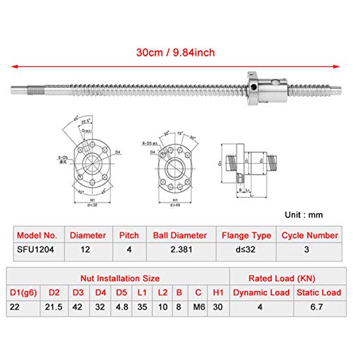 Ausla Écrou à billes, SFU1204 Anti-jeu 300mm Faible Friction (diamètre 12mm, pas de 4mm) pour Machines CNC sans Supports d'extrémité Latérale