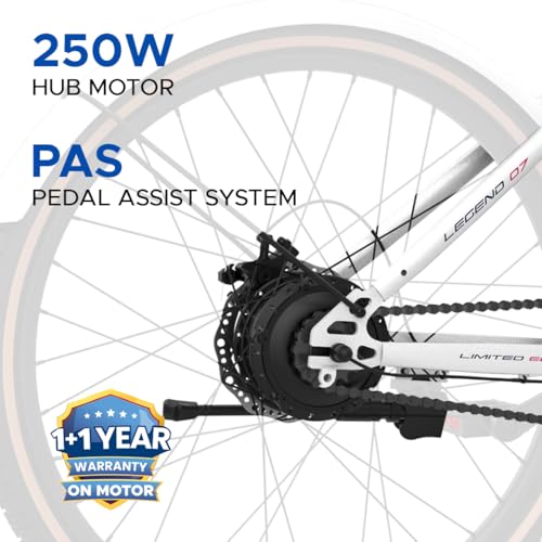 Image of E MOTORAD - RIDE THE ELECTRIC REVOLUTION Legend 07 MSD Edition Unisex Electric Cycle,90% Assembled (18 Inches Frame,7.65Ah Li-Ion Removable Battery,Front Suspension,LCD Display,250W Moto, Pearl White)