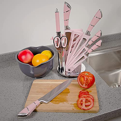 Justup 9-tlg Messerset mit Drehbare Acryl Messerblock, Rosa Sharp Antihaft Beschichtete Kochmesser Block Set,Edelstahl Messer Set für Küche mit Schärfer zum Schneiden Schneiden Würfeln Hacken (Rosa)
