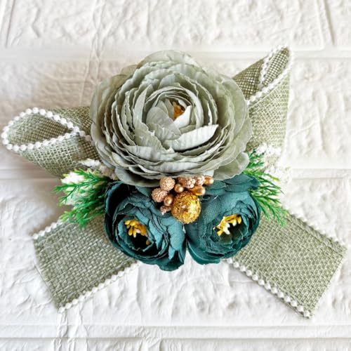 Image of ADIKALA Handmade Artificial Big Peonies 3 Flower Bunch for Trousseau Packing, Ready to use Flower Brooch Hamper for Decoration, Gift Wrapping Flowers (3, Green Jute)