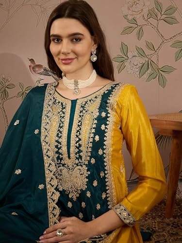 Image of Miss Ethnik Women's Yellow Chinon Stitched Top With Stitched Chinon Bottom and Chinon Dupatta Full Sleeve Embroidered Anarkali Kurta