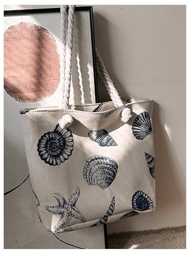 Bolso tote de lona para mujer de SHENHE con estampado de concha y estrella de mar, asas trenzadas, ideal para la playa, viajes y compras miniatura 4
