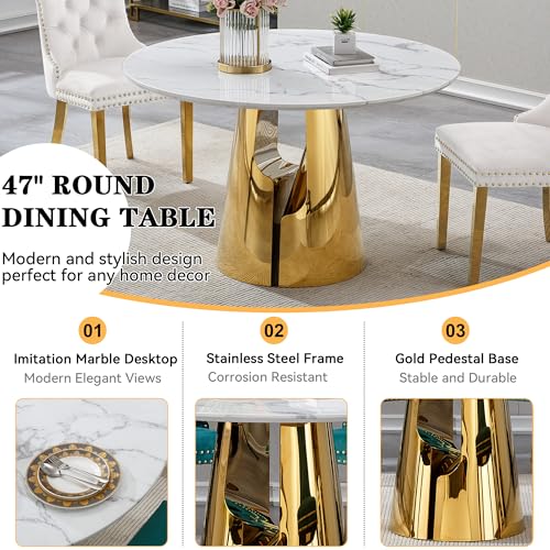 Image of 7-Piece Round Dining Table Set for 6, Modern Faux Marble Kitchen Table and Beige Velvet Chairs Set of 6, Luxury 45 inch Circle White Gold Dining Room Tables with Stainless Steel Base