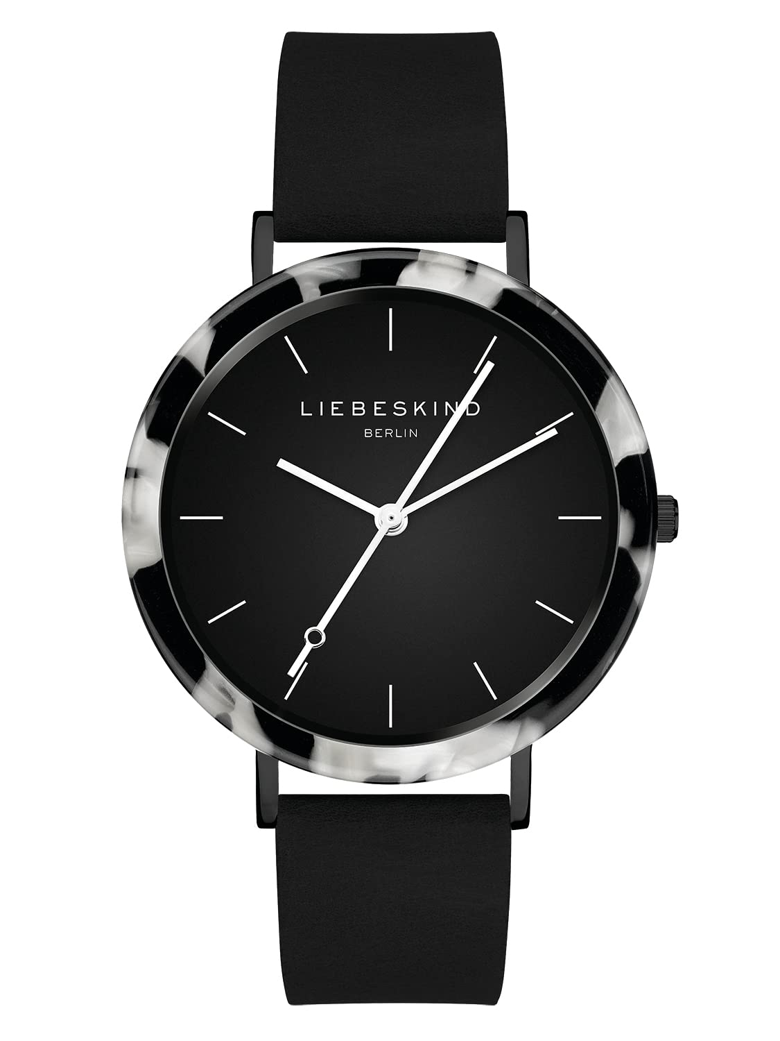 Liebeskind Berlin Damen Armbanduhr – Rundes Gehäuse mit gemustertem Acetat-Topring – Lederarmband – Schlichtes Ziffernblatt – Elegante Quarzuhr