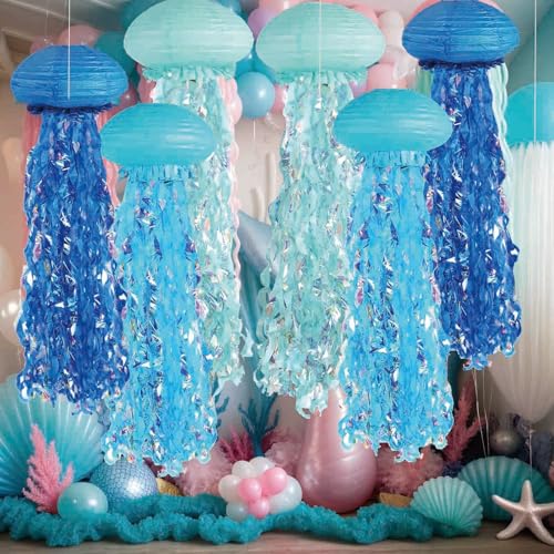 Image of 6 Pack Glowing Jellyfish Lanterns with Color LED, Hanging Jellyfish for Under The Sea Party, Mermaid Birthday Decorations, Ocean-Themed Decor, Jellyfish Decor with 36ft String
