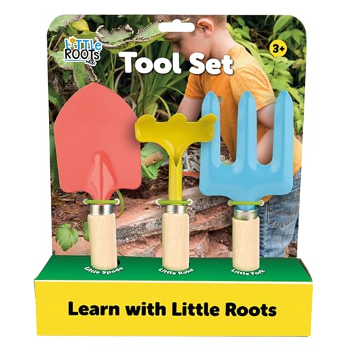 Little Roots 3 Piece Tool Set Childrens Gardening Tools Hand Trowel Fork and Rake Outdoor Gardening Tools for Ages 3+