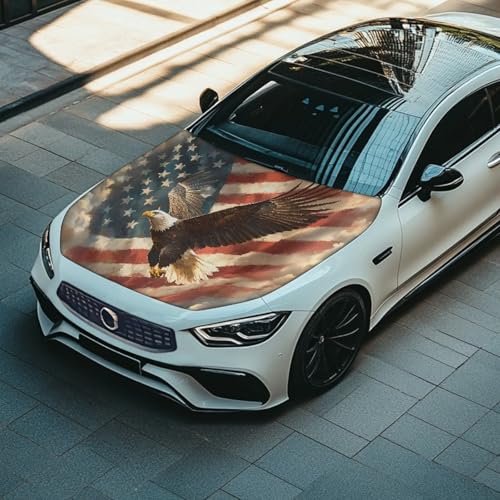 Image of Car Hood Cover, Car Hood Wrap Blankets Eagle and American Flag Print Waterproof Stretchable Auto Exterior Accessories for Compact Sedans SUV Trucks Van (59x39 Inch)