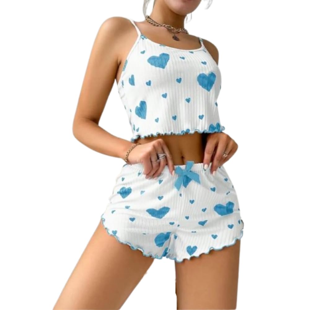chill pookie Women’s Heart Print Nightwear Co-Ord Set | Ribbed Crop Top with Spaghetti Straps & Shorts | Soft Comfortable Sleepwear-picture-11