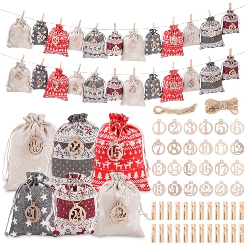 24 Geschenktüten Weihnachten Weihnachtsdeko Tüten/Säckchen，Tüten für Adventskalender Selber Befüllen mit Zahlen aus Holz 1-24,Adventskalender säckchen für Kinder Frauen Männer