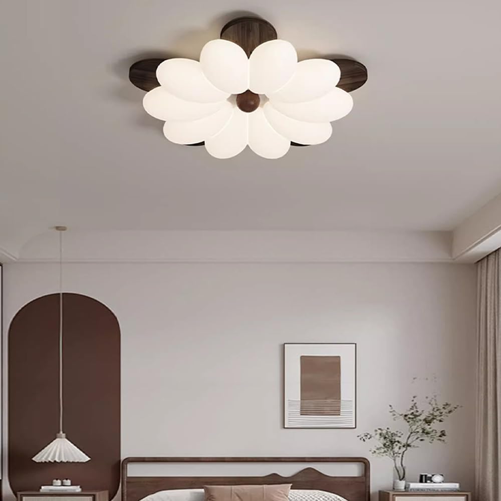 Sufitowa Led Flower, Drewniana, Do Sypialni, Z Akrylowym Kloszem, 50 W, 3 Kolory, Regulowana, Półpłaska, Do Salonu