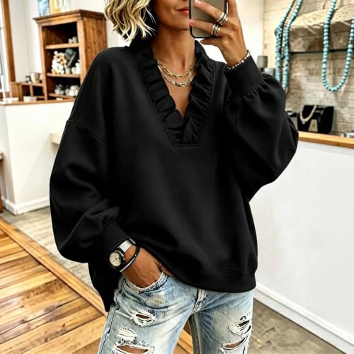Elneeya V Neck Sweatshirt Women Oversized Ruffle Vintage Fall Sweatshirt - image 2