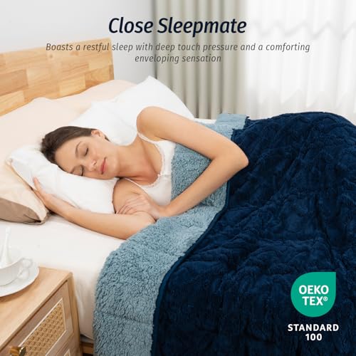 Wemore Weighted Blanket for Adults Twin Size 20 lbs, Dual Sided Soft Fuzzy Jacquard Sherpa Weighted Blankets for Sleeping, Cozy Fluffy Knitted Heavy Blanket for Couch Bed, Navy Blue, 60 x 80 inches