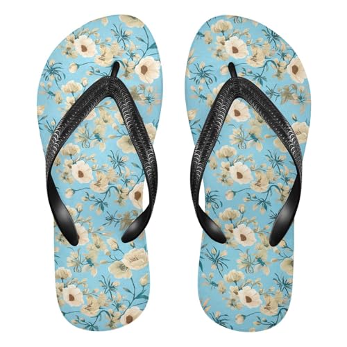 Sinestour White Floral Blue Flip Flops for Beach Thong Sandals Anti-slip Lightweight Beach Slippers for House Indoor Outdoor