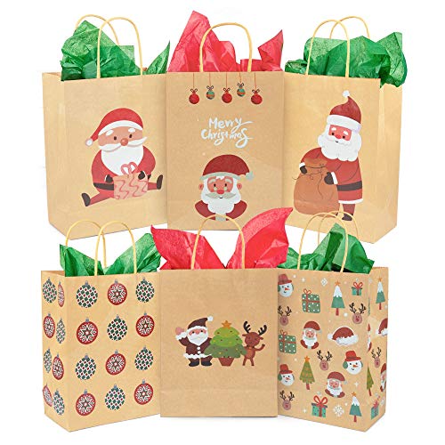 Uptotop Christmas Paper Gift Bags with Handle, 24 Pack 9.1\" X 7.3\" X 3.5\" Xmas Paper Bags with 6 Different Design for Party, Classroom and Holiday