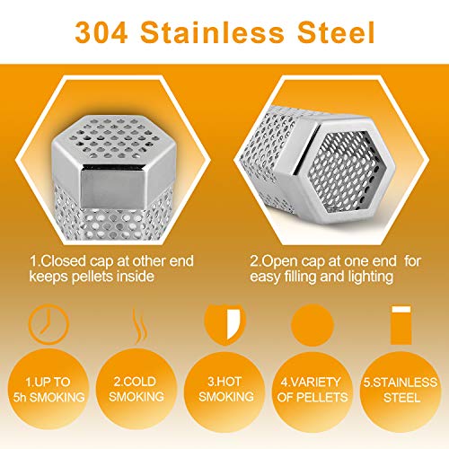 Hexagon Pellet Smoker Tube,12 Inch Stainless Steel Bbq Wood Pellet Tube Smoker For Cold/Hot Smoking,5 Hours Of Billowing Smoke-For Any Grill Or Smoker,With 2 S Shape Hooks+1 Cleaning Brush. #TOP3