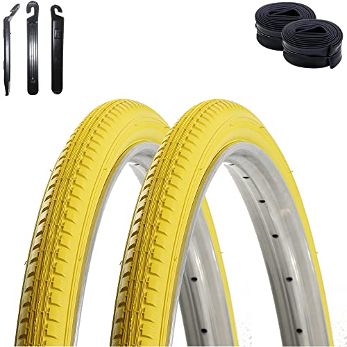  Kenda K-142 - 2 copertoni per bicicletta, colore giallo 40-635 (28 x 1 1/2) + 2 tubi SV con leva per pneumatici