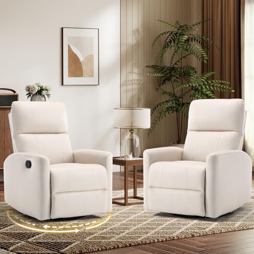 Image of HAOMARKETS Swivel Rocker Recliner Chair Set of 2, Manual Fabric Glider Rocking Recliners for Adults, 360 Swivel Nursery Reclining Sofa with Padded Backrest for Living Room, White