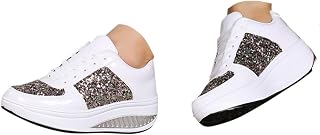 generic Women's Glitter Platform Sneakers, Sequin Lace-Up Wedge Walking Shoes