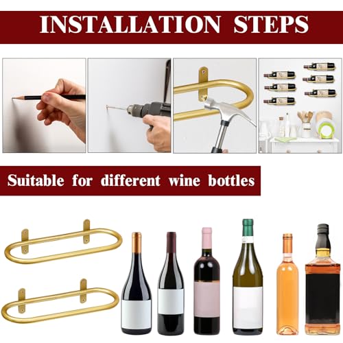 Image of Wine Rack Wall Mounted for 8 Wine Bottles, Metal Wall Hanging Wine Holder Storage, Wine Organizer Shelf for Kitchen Dining Room Bar (Golden-9Pcs)