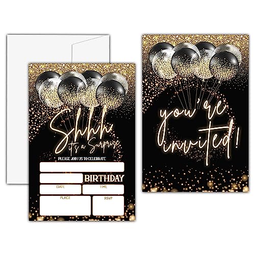 KFNER Shhh It's a Surprise Birthday Invitations, Black Gold Balloon Birthday Party Invitation Card, Surprise Birthday Party Favors & Celebration Supplies(20 Set of Invitations with Envelopes)-B28