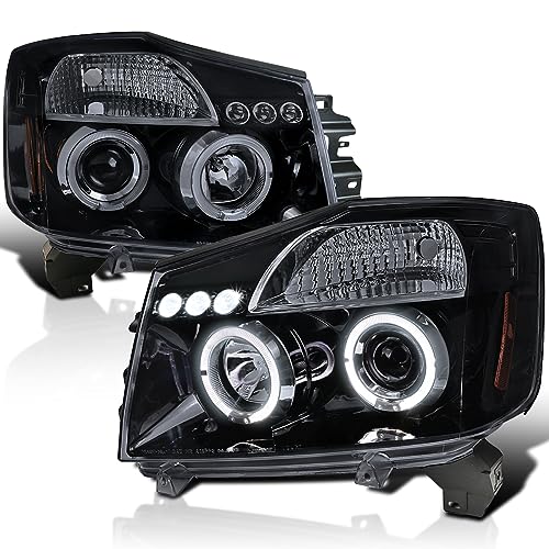 Spec-D Tuning LED Lamps Dual Halo Smoke Lens Glossy Black Housing Projector Compatible with 2004-2015 Nissan Titan, 2004-2007 Nissan Armada, Left + Right Pair Headlamps Assembly