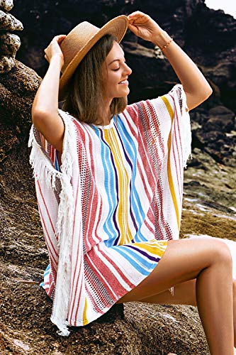 CUPSHE Women's Crochet Beach Bikini Cover Up Colorful Strip Tassels V Neck Drop Shoulde 3/4 Sleeve Loose Waisted Mini Length4