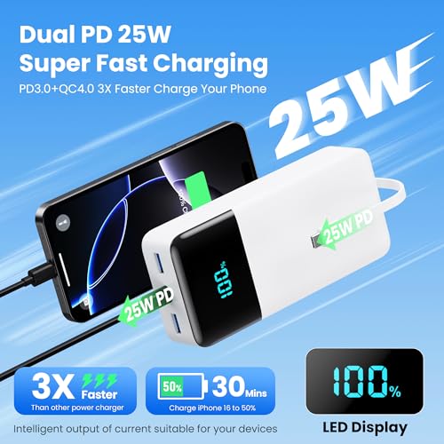 Image of Portable Charger 50800mAh Power Bank with 3 Built in Cables,25W PD QC4.0 Fast Charging USB C Battery Pack,6 Outputs 2 Inputs Travel Essentials Phone Charger for iPhone 17 /16 /15,Google,Android,White