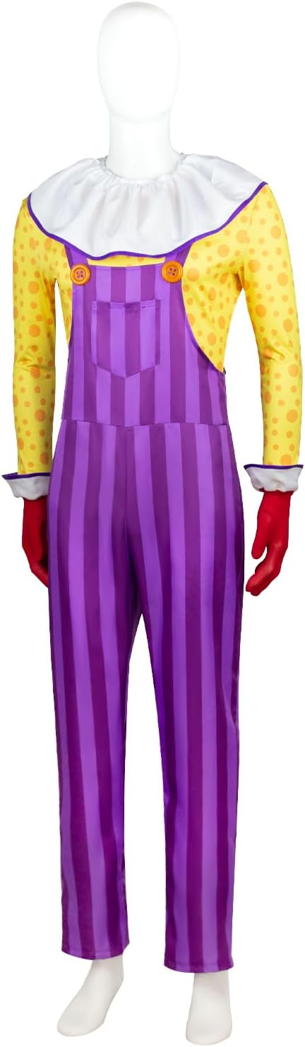 Clown Costume Set for Adult Purple Striped Overalls with Button Yellow Polka Dot Shirt with Ruffled Collar, Gloves