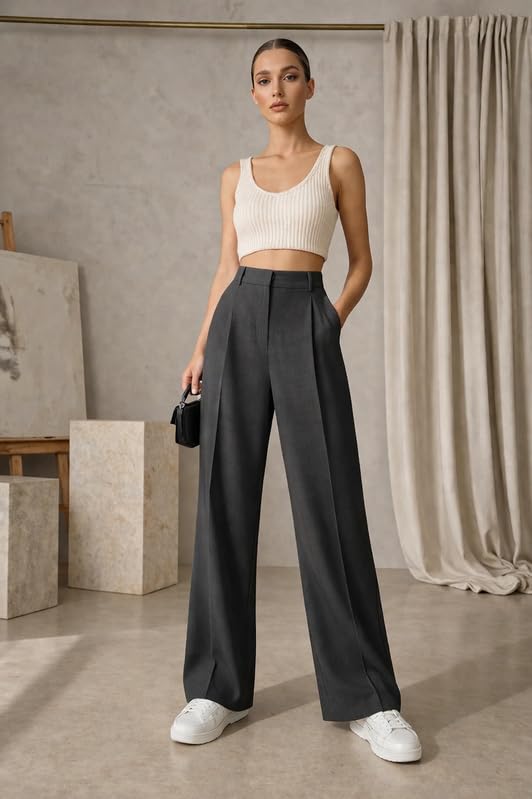 Image of Twill Regular Fit High-Waist Korean Trousers for Women & Girls | Casual Pants Outings