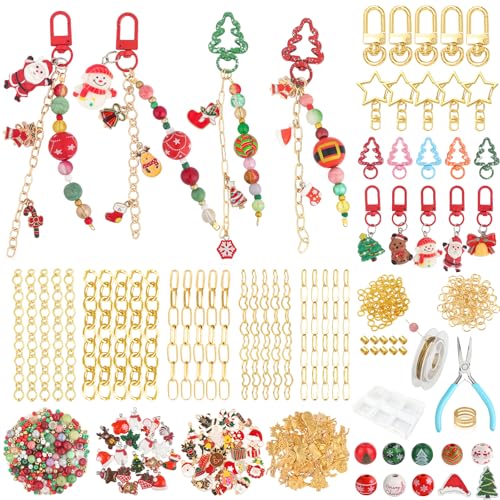 Ecoofor 251 Pcs Christmas Keychain Making Kit for Kids & Adults – Includes 20 Keychain Clips, 25 Extender Chains, 81 Charms, Beading Accessories, Jewelry Pliers – DIY Bag Charms & Jewelry Craft Kit