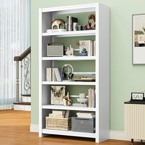 Image of 5 Tier AV Media Stand, 69.3 inch Tall Media Shelf Bookcase, Open Display Storage Shelves for CD Record Player, Stereo Receiver, AV Equipment, White