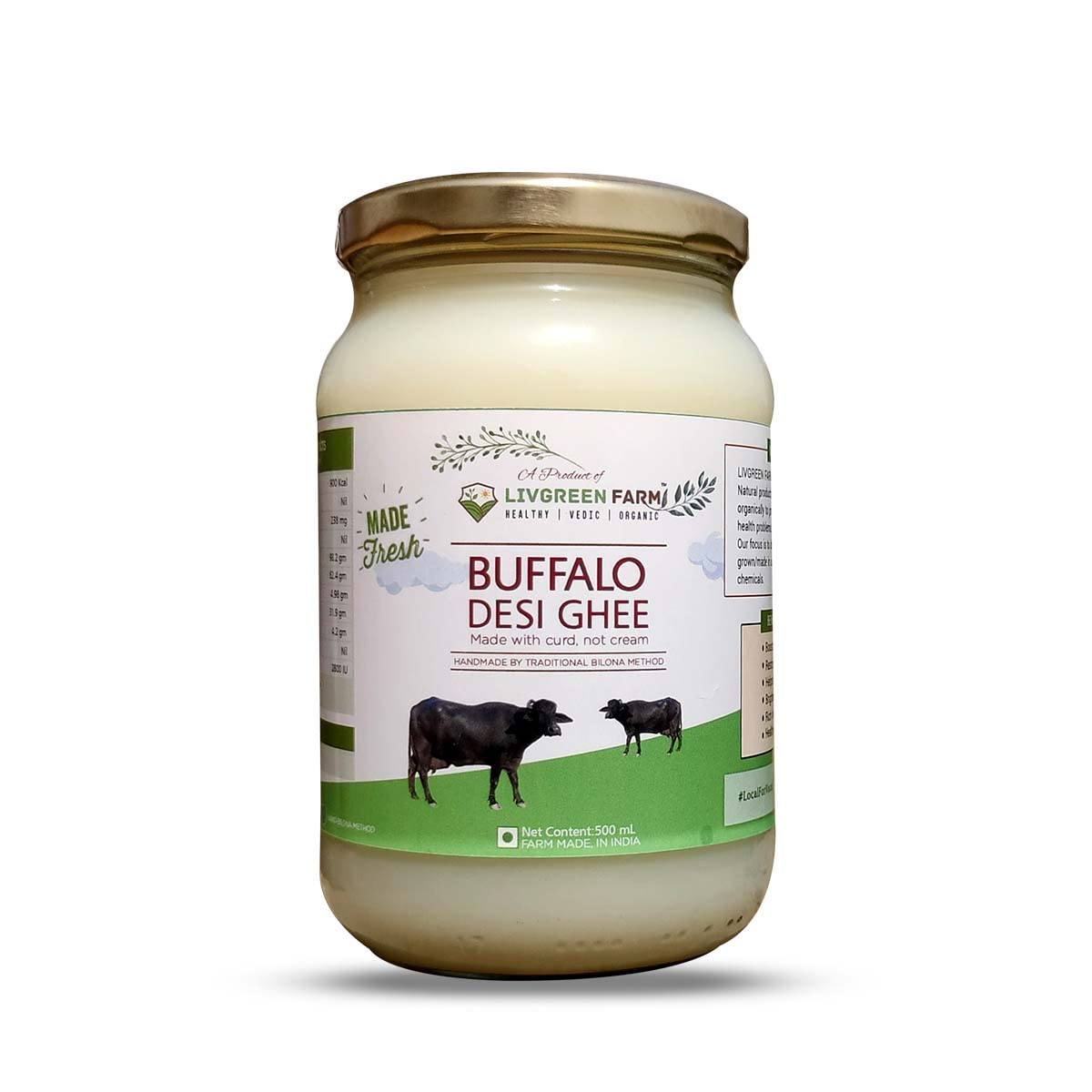 LivGreen Farm Buffalo Bilona Ghee Made by Traditional Bilona Method -Rich Taste & Aroma (500 mL)