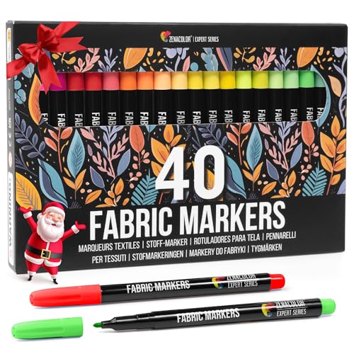Zenacolor 40 Fabric Markers Pens Set - Non Toxic, Indelible and Permanent Fabric Paint - Fine Point Tip Textile Marker Pen