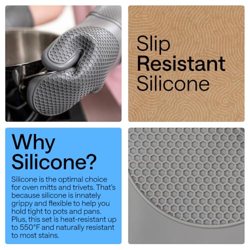 Image of GORILLA GRIP BPA-Free Soft Silicone Oven Mitts and Pot Holders Sets of 4, Heat Resistant Waterproof Cooking Gloves, Thick Cotton Lining, Flexible Gripping for Baking Grilling, Kitchen Trivets, Gray