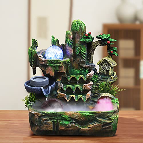 Desktop Fountain Waterfall with Rockery & LED Colorful Lights Indoor Relaxation Resin Ornament for Office, Home, Bedroom Desk Decoration US Plug 110V