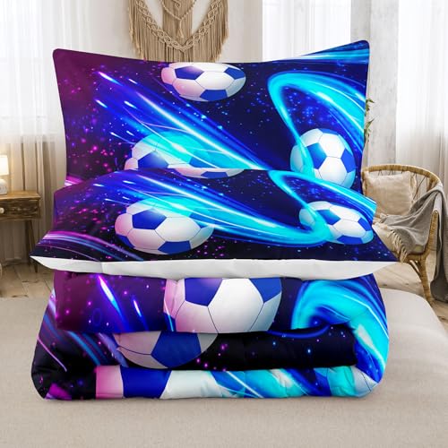 Image of Peopleareok Soccer Comforter Set Full(79x90 Inch), 3D Printed Purple Galaxy Soccer Theme Comforter, Sports Football Bedding, 3 Pieces Soft Microfiber Football Bedding Set for Boys with 2 Pillowcases