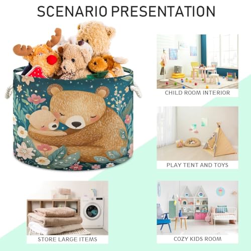 Image of Storage Bin Basket Large Foldable Clothes Bag Round Collapsible Fabric Laundry Hamper Folding Washing Bin Bear Mama Baby Flowers