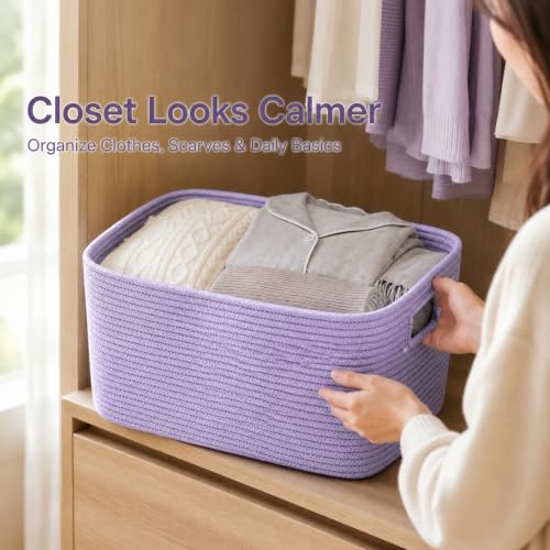 Image of 15.4GAL Rope Laundry Basket for Dorm, Cute Boho Square Woven Basket for Living Room Throws Pillow Blanket Storage, Short Dirty Clothes Hamper for Baby Girls Boys Toys Stuffed Animal Towel Lavender