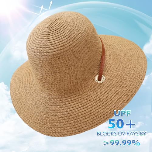 Image of Womens Beach Sun Straw Hat, Wide Brim Sun Hat Travel Foldable Summer Wind Lanyard UPF 50+