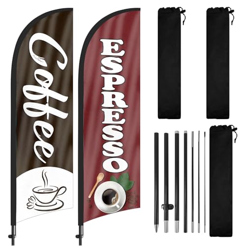 FSFLAG Coffee Espresso Advertising Swooper Flag Banner 8Ft x 22in Triangular Feather Flag with Flag Pole and Ground Stake 2Pack