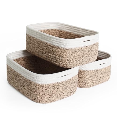 HONCESTA 11.81'x7.87'x4.72' Storage Baskets for Shelves, 3 Pack Small Cotton Rope Woven Baskets for Organizing, Wicker Storage Organizer Bins for Nursery Closet Bathroom, Decorative Gift Baskets Empty